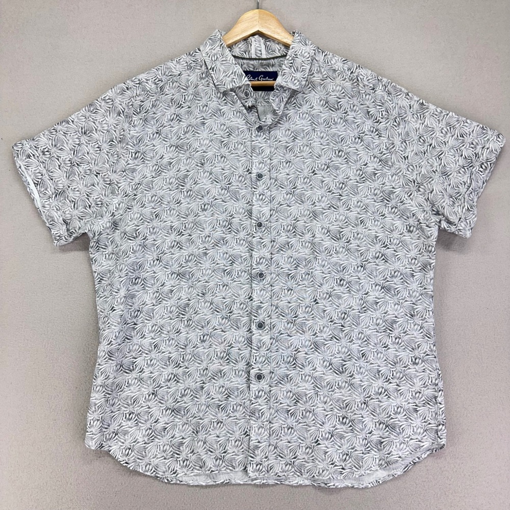 Robert Graham Shirt Mens 2XL Grey Floral Leaf Linen Blend Short Sleeve Button Up